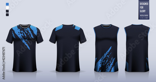 Blue T-shirt sport, Soccer jersey, football kit, basketball uniform, tank top, and running singlet mockup. Fabric pattern design. Vector.