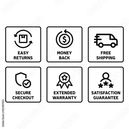 E-commerce security badges risk-free shopping icons set. Eps 10 vector illustration.