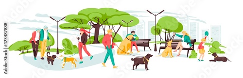 People walking with dogs in urban park. Vector landscape in cartoon style. Urban park with dog and people walk illustration