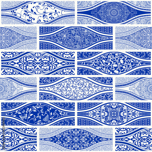 Seamless patchwork tile with Islam, Arabic, Indian, Ottoman motifs. Majolica pottery tile. Portuguese and Spain decor in blue and white. Ceramic tile in talavera style. Vector illustration