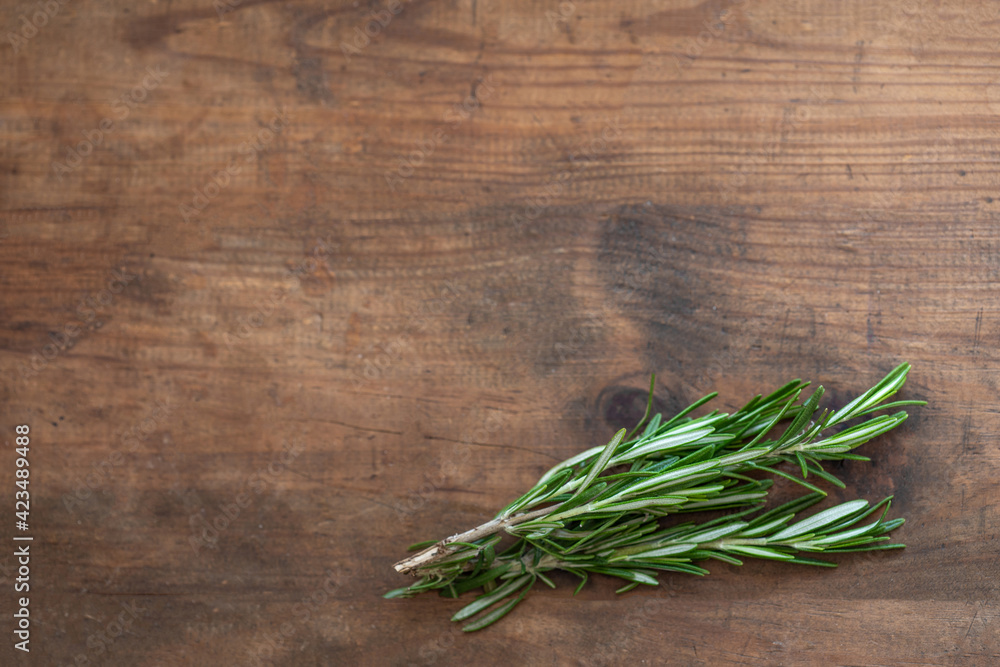 Fresh rosemary herb on a wooden background. Top view rosemary with copy space. Cooking concept Fresh rosemary herb on a wooden background. Top view rosemary with copy space. Cooking concept