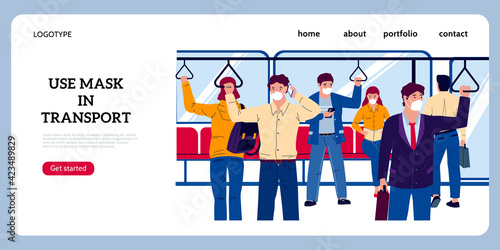 Public transport landing page. Crowd in subway or bus wearing protective masks. Website interface. Covid disease precaution. Prevention of infectious illnesses. Vector people travel by train