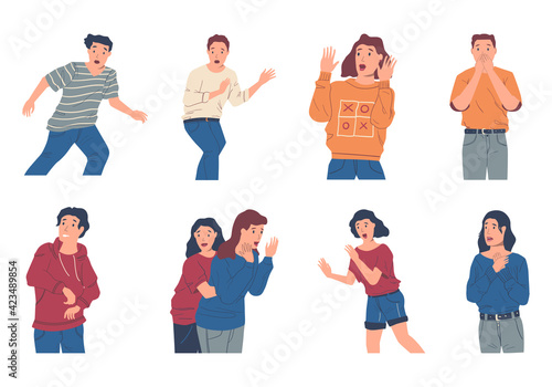 Panic people. Cartoon afraid characters with stress and shock reaction, horrified men or women. Teenagers with frightened facial expressions. Vector scared persons scream and run away