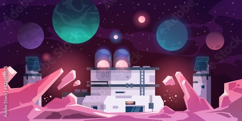 Alien colony. Astronaut base on stranger planet. Cartoon landscape with futuristic constructions. Scientific laboratory for space exploration. Vector extraterrestrial cosmic panorama