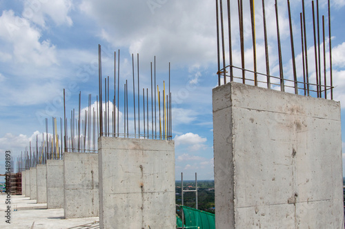 Steel reinforce in concrete column.Steel grid on the construction site.Reinforcement of concrete work. Using steel wire for securing steel bars with wire rod for reinforcement of concrete