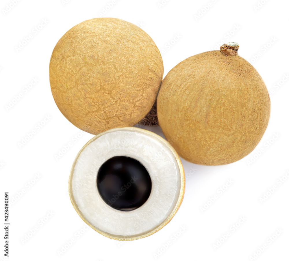Longan with leaf isolated on white background. Tropical Longan fruit Close-up. Top view. Longan with leaf isolated on white background. Tropical Longan fruit Close-up. Top view.