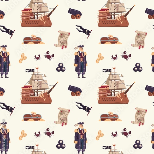 Pirate pattern. Cartoon seamless texture with captain and wooden ship. Map with location of treasure or chest full of gold. Filibuster flag. Vector mockup for kids textile and wallpaper