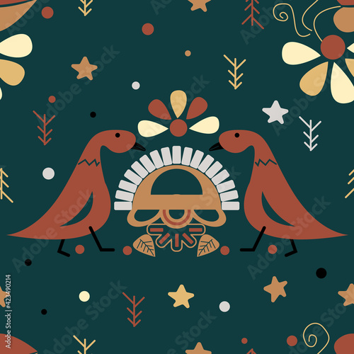 Seamless african fashion vector pattern with cute bird and flower, star. doodle picture art and abstract background
