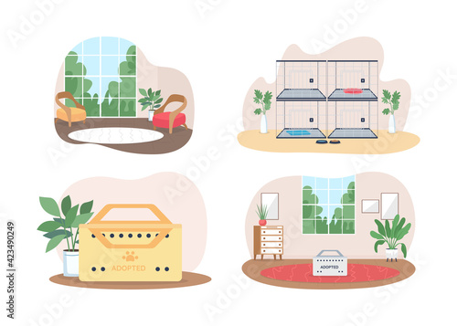 Domestic animal adoption 2D vector web banner, poster set. Shelter for homeless cats and dogs flat scene on cartoon background. New home for pet printable patch, colorful web element collection