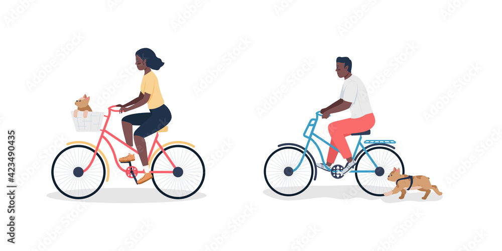 Naklejka premium African american man and woman on bicycle with dogs flat color vector detailed character set. Pet care isolated cartoon illustration for web graphic design and animation collection