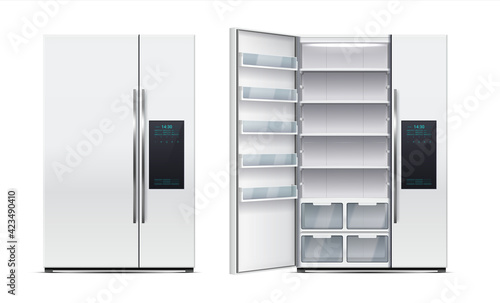 Refrigerator. Realistic open or close fridge with freezer, 3D cold storage kitchen appliance. Household device for keeping food fresh. Vector domestic cooling equipment with shelves