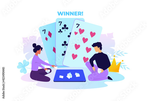 Card game. Cartoon people playing gambling. Winning poker hand. Gamble concept. Man and woman sitting on floor in lazy poses. Couple spend time together at home. Vector risky entertainment