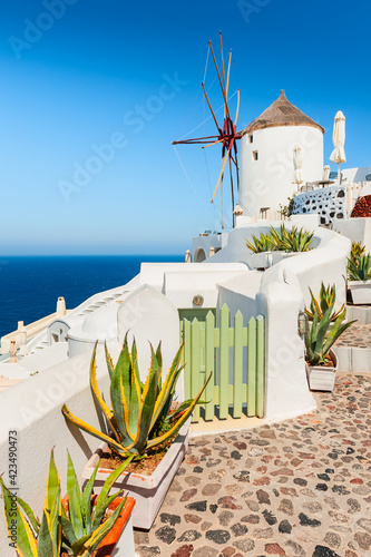Traditional white architecture on Santorini island, Greece. Summer landscape, sea view. Famous travel destination