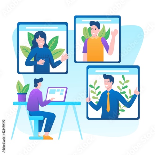 Video conference illustration. People on computer screen taking with colleague. Videoconferencing and online meeting workspace vector page