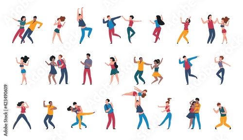 Dancing pairs. People dance alone, couples having fun at disco party. Dancers move to music in club or musical festival. Happy characters perform choreographic movements, vector set