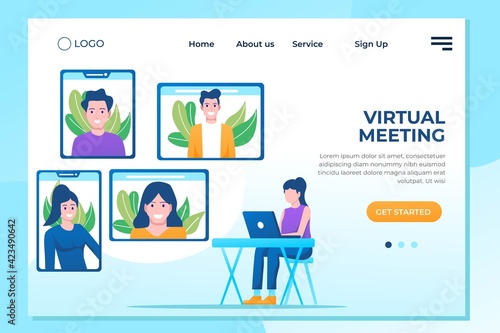 Video conference landing. People on computer screen taking with colleague. Videoconferencing and online meeting workspace vector page