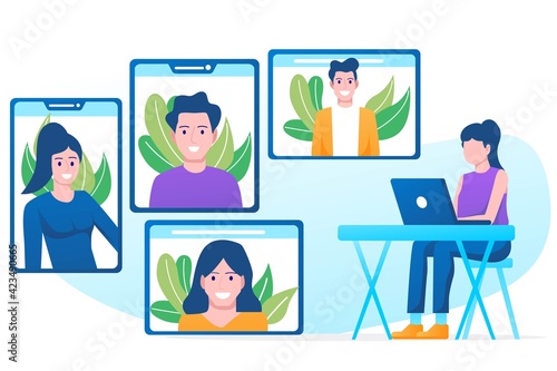 Video conference illustration. People on computer screen taking with colleague. Videoconferencing and online meeting workspace vector page