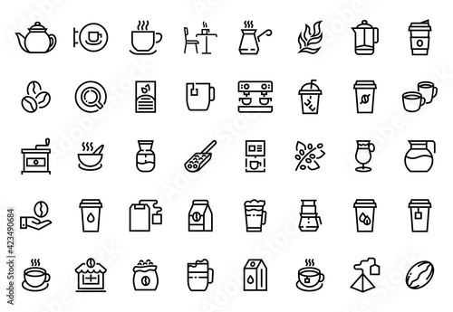 Coffee line icons. Coffee and tea shop outline logo. Cups with hot drinks. Equipment or ingredients for preparing beverages. Minimal contour signs. Vector black and white symbols set © SpicyTruffel
