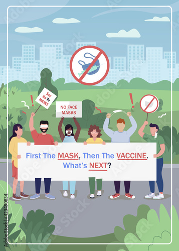 Anti-vaccine movement poster flat vector template. Activists protest during covid. Brochure, booklet one page concept design with cartoon characters. Anti-vax campaign. flyer, leaflet