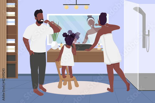 Family brushing teeth flat color vector illustration. Morning, evening routine. Teach hygiene. African american parents with daughter in bathroom 2D cartoon characters with interior on background