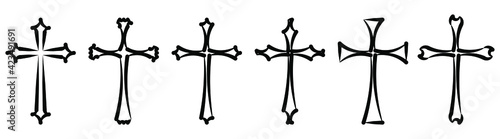 Vector collection of black ink or paint religion or faith cross symbol set isolated on white background. Abstract christian religious belief or faith art illustration for orthodox or catholic design