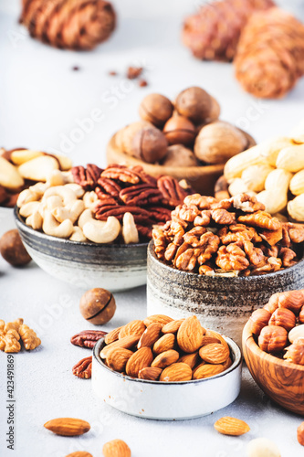 Assortment of nuts in bowls. Cashews, hazelnuts, walnuts, pistachios, pecans, pine nuts, peanuts, macadamia, almonds, brazil nuts. Food mix on gray background, copy space
