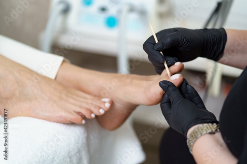 Specialist in beauty salon making french pedicure for female client. Relaxing at beauty salon  caring about nails.