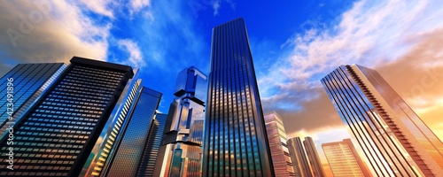 Beautiful modern high-rise buildings against the sky with clouds during sunset, skyscrapers and sky,, 3D rendering