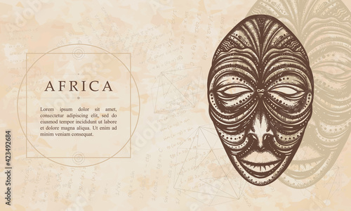 Africa. African ethnic mask. Renaissance background. Medieval manuscript, engraving art