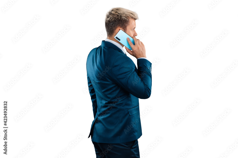 Man, Businessman in a business suit talking on the phone isolated on a white background. Uses the Internet for work and communication. concept Business online, important call, remote work, freelance. Man, Businessman in a business suit talking on the phone isolated on a white background. Uses the Internet for work and communication. concept Business online, important call, remote work, freelance.