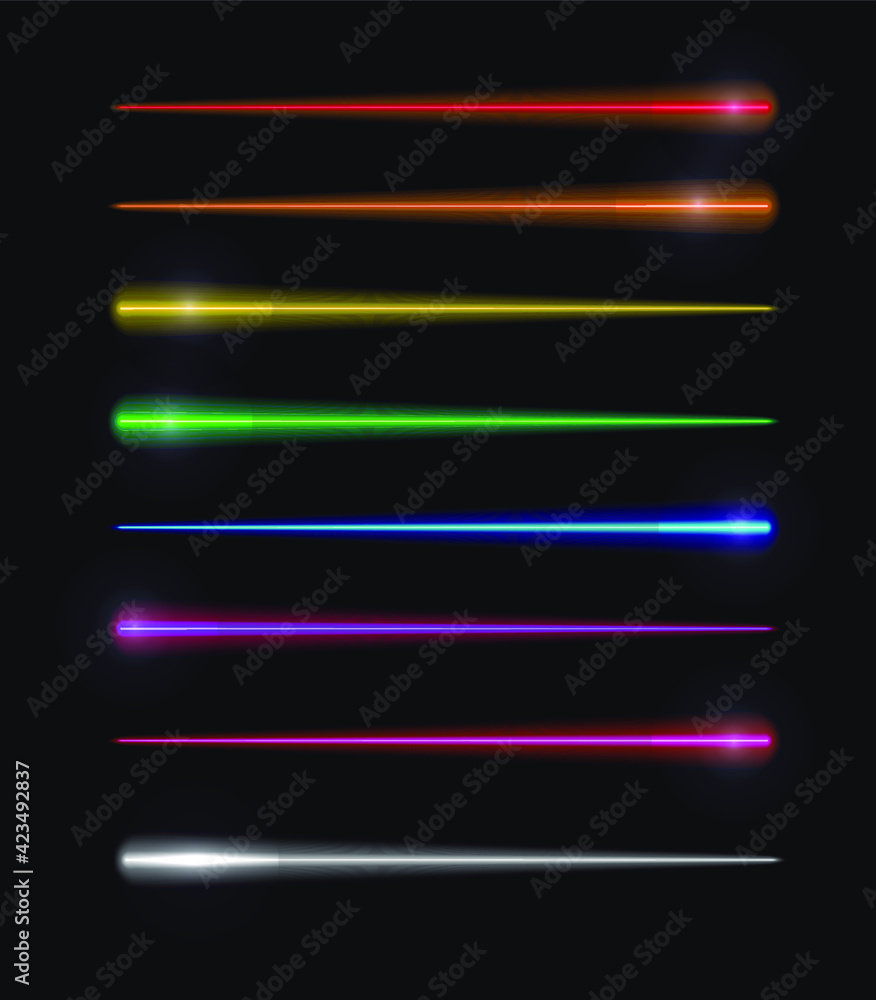 Vector Motion Lights, Abstract Glowing Lines, Rainbow Colors, Isolated on Black Background Set, Dynamic Lights.
