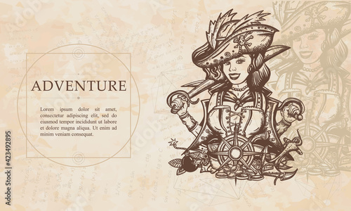 Adventure. Pirate girl. Crime sailor woman portrait, pin up style. Sea wolf, female. Sabres, guns, gold coins, compass. Renaissance background. Medieval manuscript, engraving art