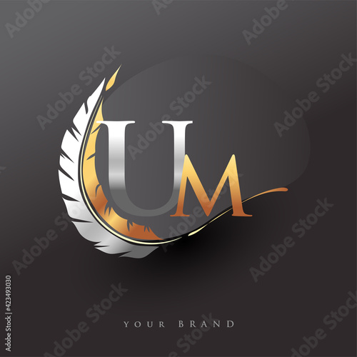 Initial letter UM logo with Feather Gold And Silver Color, Simple and Clean Design For Company Name. Vector Logo for Business and Company.