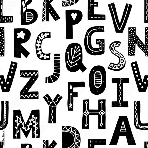Alphabet seamless pattern. Scandinavian letter background for nursery room. ABC vector nordic wallpaper.