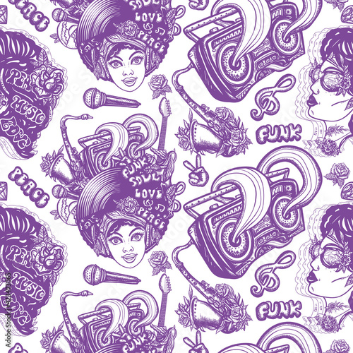 Disco, funk and soul music pattern. African American funky woman. Fashion hippie girl, audio type and rainbow boom box. Lifestyle musical background, old school tattoo style