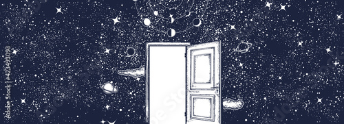 Open door in universe. Black and white surreal graphic. Symbol of imagination, creative idea, motivation, new life