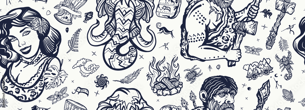Fototapeta premium Stone age seamless pattern. Old school tattoo vector style. Cave man neanderthal, hunting mammoth, prehistoric woman. Neolithic and epipaleolithic people background. Homo sapiens evolution art