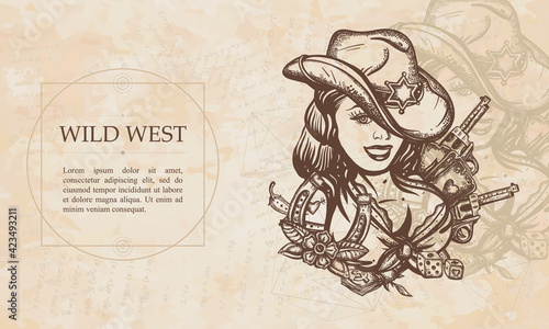 Wild West. Cowboy girl pin up style. Sheriff in hat. Beautiful American woman in national clothes of USA. Western concept. Guns, playing cards and money. Renaissance background. Medieval manuscript