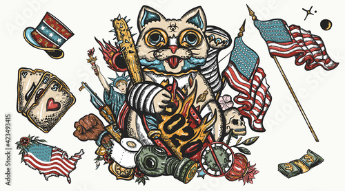 Unlucky lucky cat. Crazy time, great economic crisis, global epidemic. 2020 concept. Protests in the United States. Old school color tattoo graphic elements
