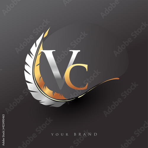 Initial letter VC logo with Feather Gold And Silver Color, Simple and Clean Design For Company Name. Vector Logo for Business and Company.