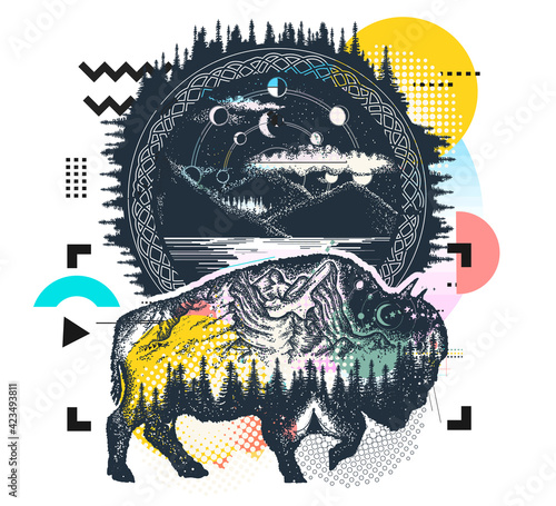 Bison and mountains tattoo. Tourism symbol, adventure, great outdoor. Vaporwave art. Surreal pop culture style. Zine culture concept. Hand drawn vector glitch tattoo, contemporary cyberpunk collage