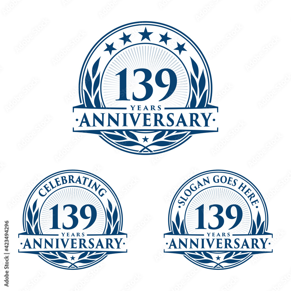 139 years anniversary logo set. 139th years anniversary celebration logotype. Vector and illustration.
139 years anniversary logo set. 139th years anniversary celebration logotype. Vector and illustration.