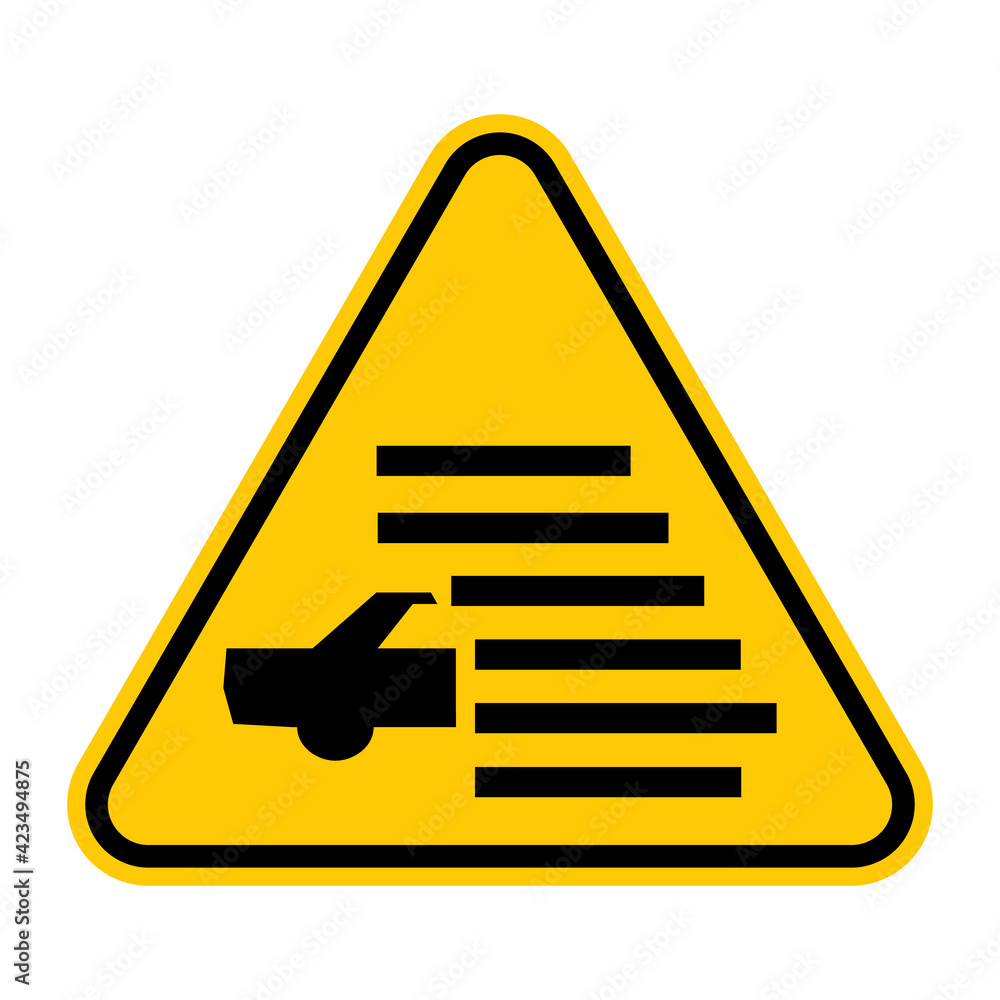 Fog warning road sign. Vector illustration of yellow triangle sign with car driving in fog. Caution mist isolated on background. Dangerous area for driver. Bad weather conditions symbol. Fog warning road sign. Vector illustration of yellow triangle sign with car driving in fog. Caution mist isolated on background. Dangerous area for driver. Bad weather conditions symbol.