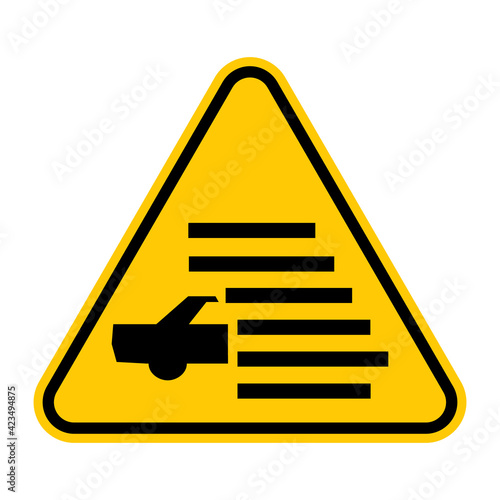 Fog warning road sign. Vector illustration of yellow triangle sign with car driving in fog. Caution mist isolated on background. Dangerous area for driver. Bad weather conditions symbol.
