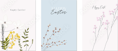 Happy Easter floral greeting cards with hand drawn spring blossom flowers, willow tree, sakura, mimosa, magnolia in bloom. Spring time botanic garden backgrounds. Invitations, social media, printable
