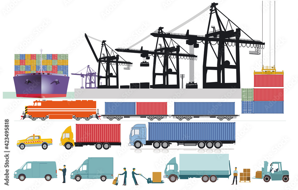 Container Kran, Logistik und Hafen mit Containerschiff, LKW Versand und Güterzug Container Kran, Logistik und Hafen mit Containerschiff, LKW Versand und Güterzug