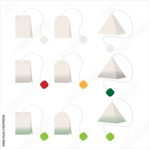 Set of black and green tea bags of different shapes on a white isolated background. Vector illustration. Flat design. Icon, sign, logo. For many of design purposes.