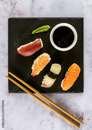 japanese sushi food. Nigiri with tuna, salmon, shrimp. Top view of assorted sushi.