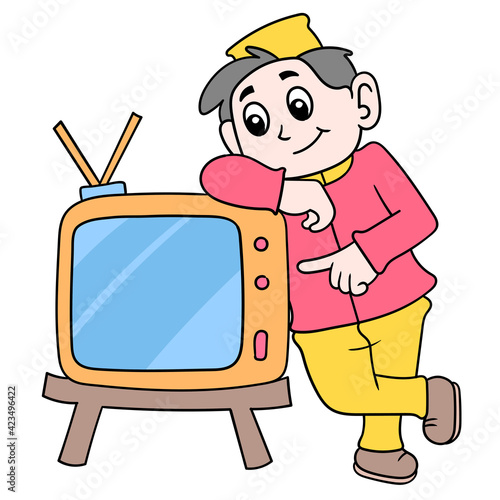the bellboy was standing beside the television to promote. doodle icon image kawaii