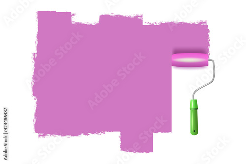 Paint roller with a long stroke ofcolored paint on a white wall.